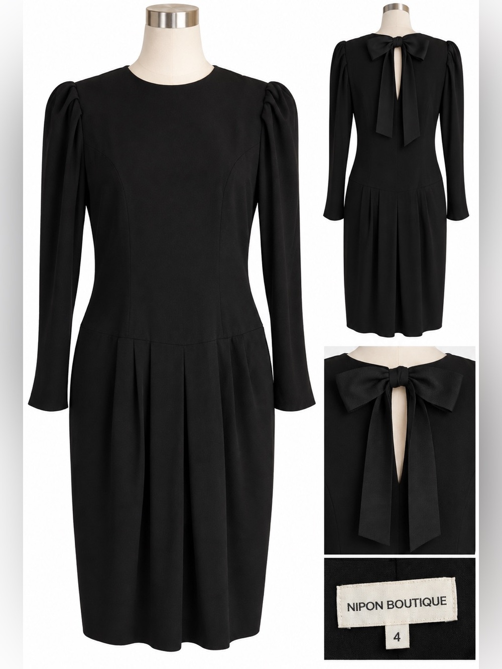 Vintage Nipon Boutique Black long Sleeve Dress bow back drop waist size 4 LBD